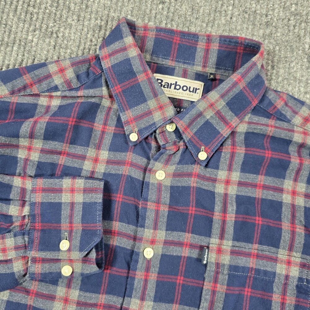 Barbour Shirt Mens S/M Blue Plaid Flannel Button Up Long Sleeve Tailored Fit